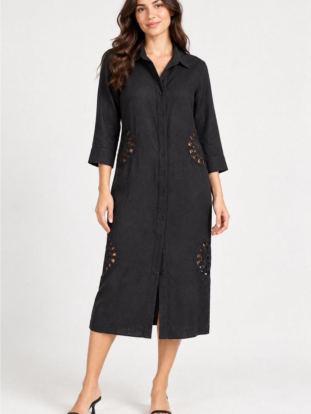 Black Button-Front Midi Shirt Dress with Cutout Details